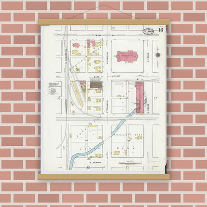 Old map wall art mockup — magnetic wood frame on brick wall — Sanborn Fire Insurance Map from Delphos, Van Wert And Allen Counties, Ohio (1921), Sheet #0016