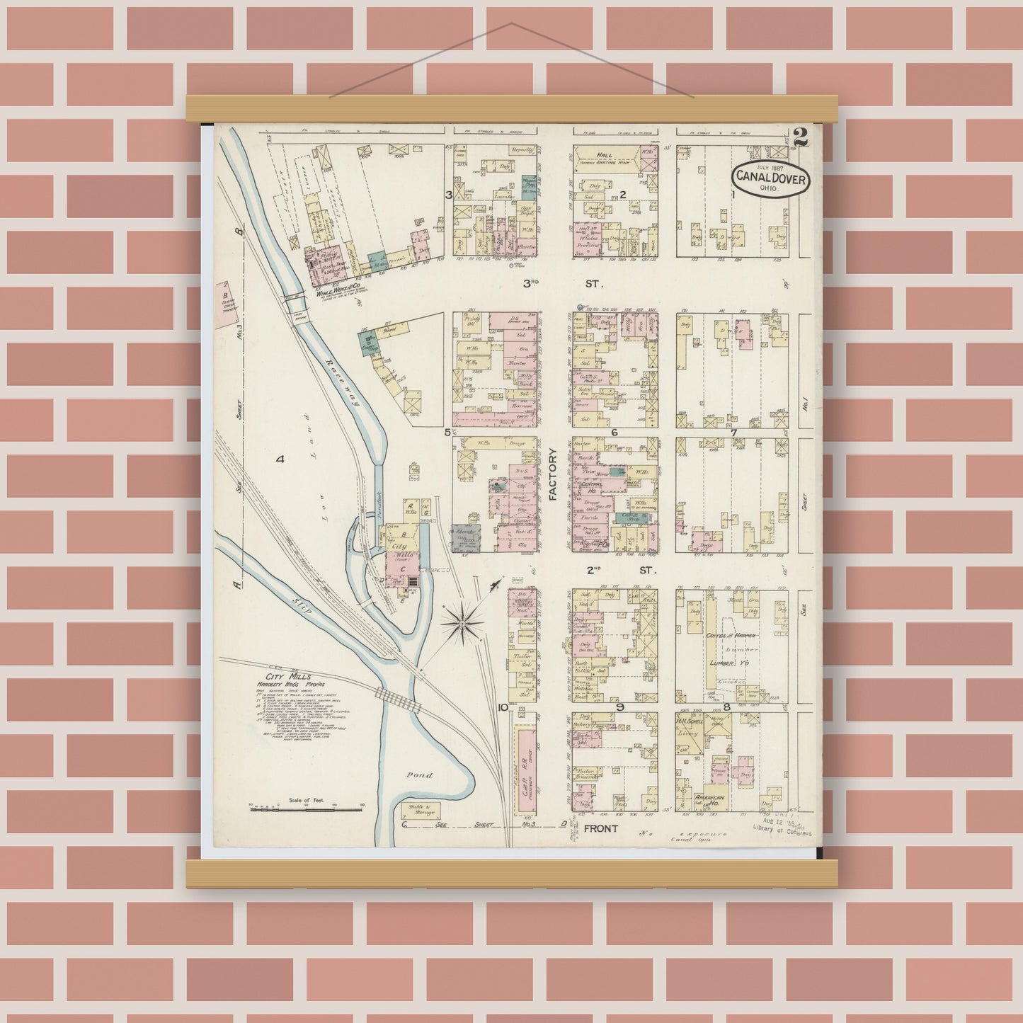 Old map wall art mockup — magnetic wood frame on brick wall — Sanborn Fire Insurance Map from Canal Dover, Tuscarawas County, Ohio (1887), Sheet #0002