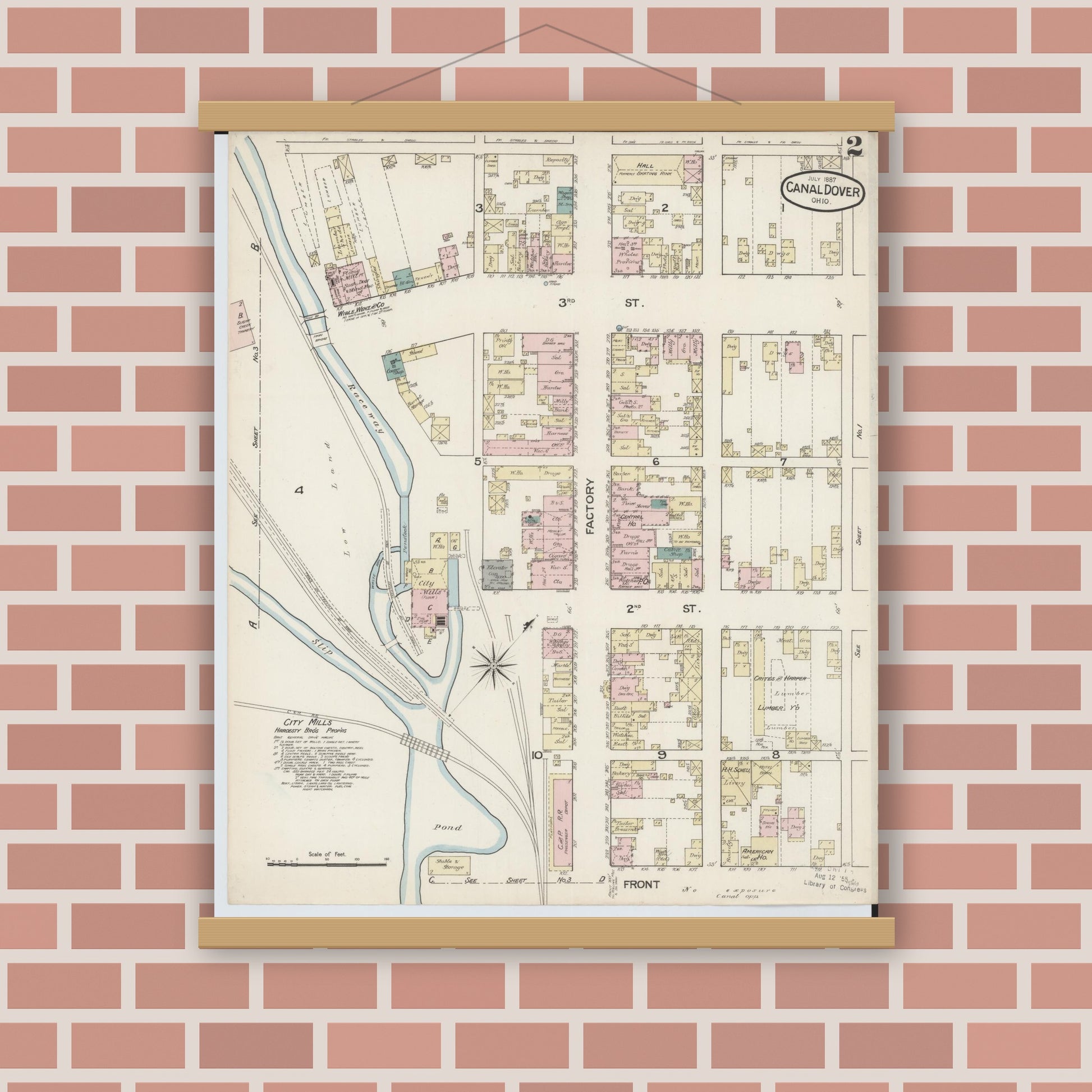 Old map wall art mockup — magnetic wood frame on brick wall — Sanborn Fire Insurance Map from Canal Dover, Tuscarawas County, Ohio (1887), Sheet #0002