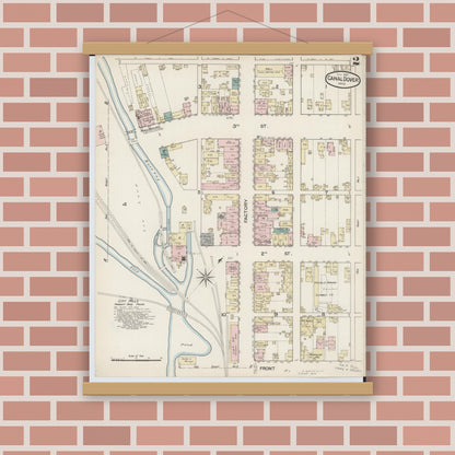 Old map wall art mockup — magnetic wood frame on brick wall — Sanborn Fire Insurance Map from Canal Dover, Tuscarawas County, Ohio (1887), Sheet #0002