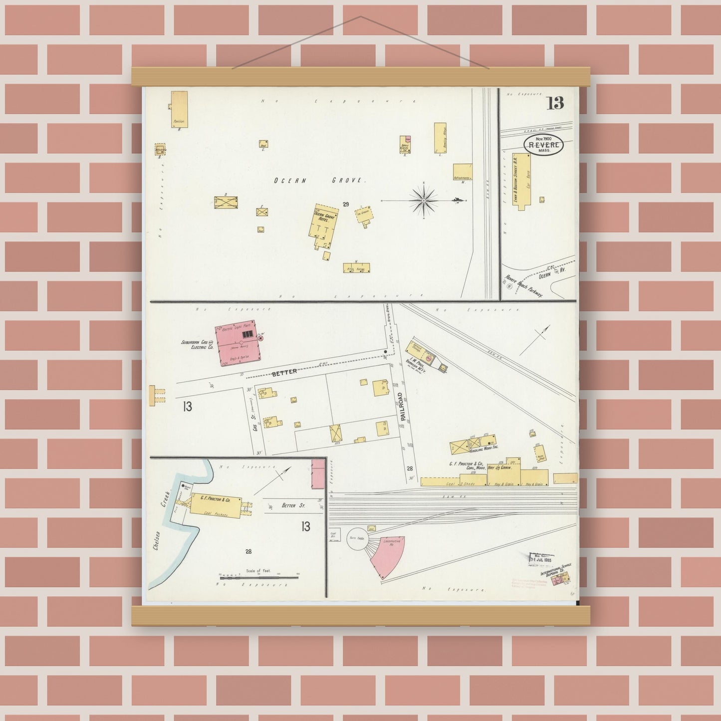 Old map wall art mockup — magnetic wood frame on brick wall — Sanborn Fire Insurance Map from Revere, Suffolk County, Massachusetts (1900), Sheet #0013