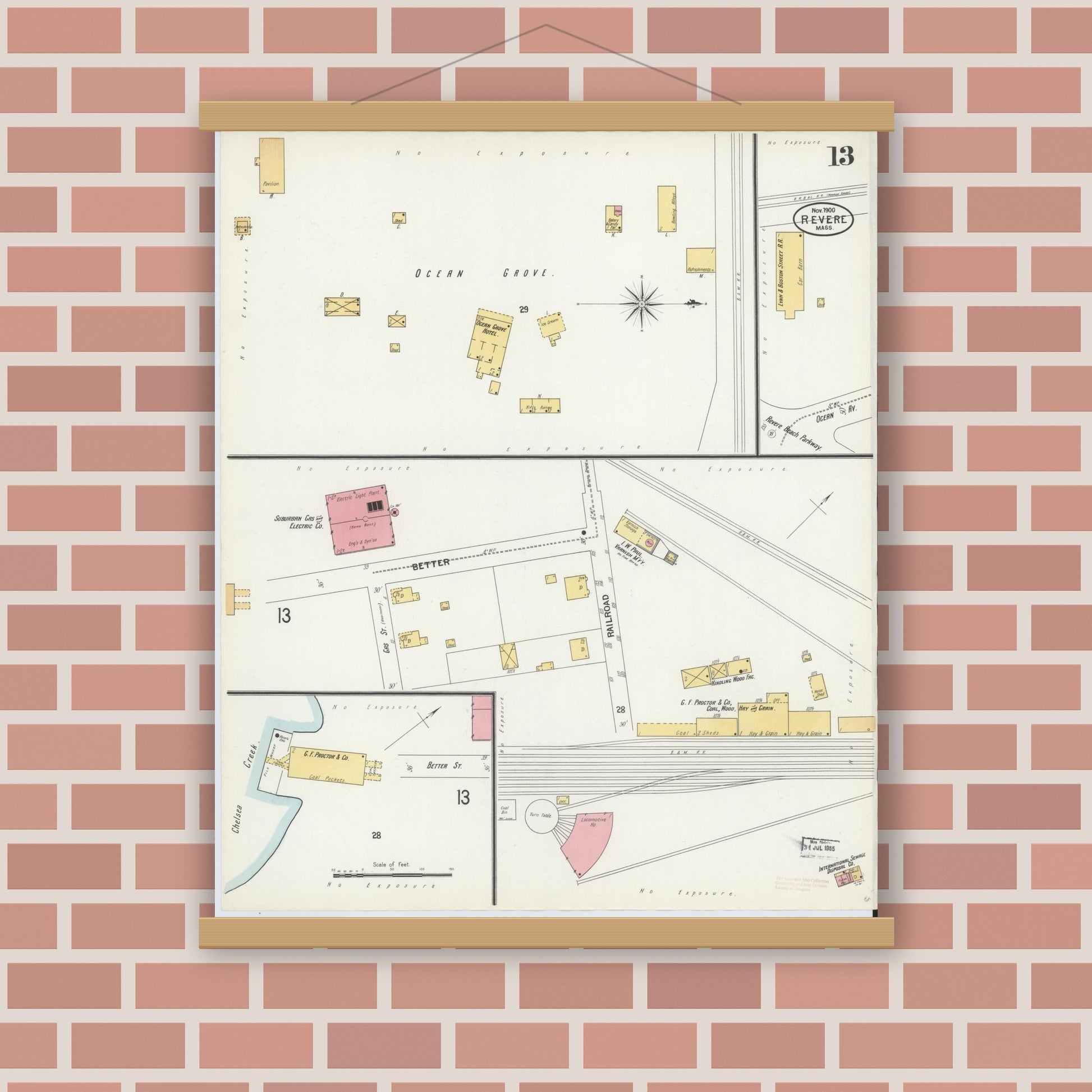 Old map wall art mockup — magnetic wood frame on brick wall — Sanborn Fire Insurance Map from Revere, Suffolk County, Massachusetts (1900), Sheet #0013