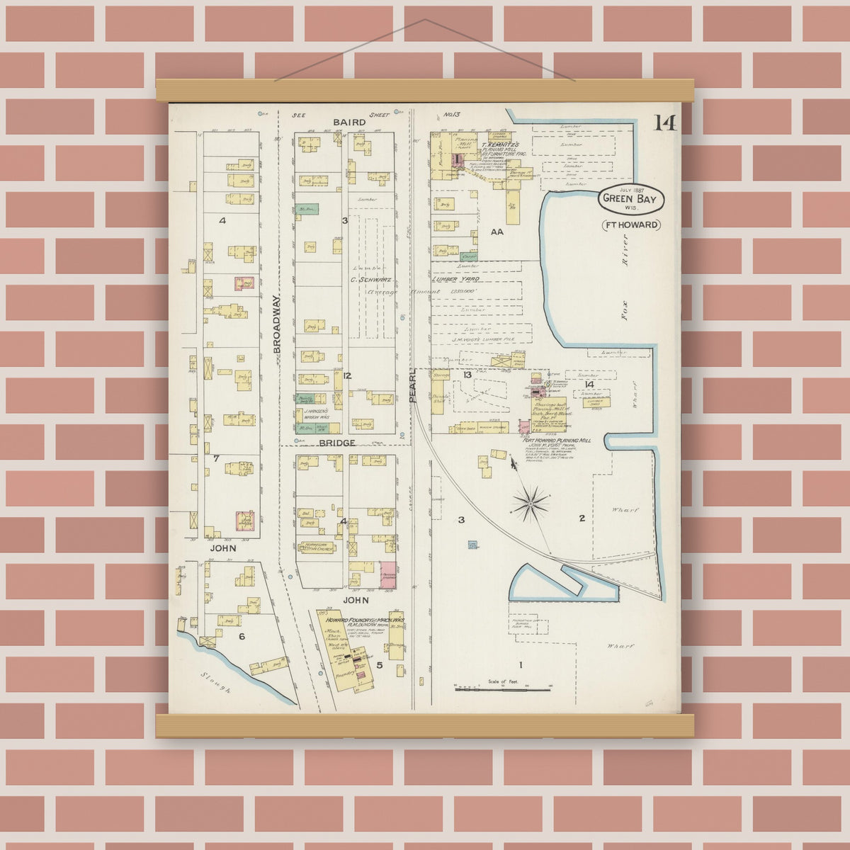 Old map wall art mockup — magnetic wood frame on brick wall — Sanborn Fire Insurance Map from Green Bay, Brown County, Wisconsin (1887), Sheet #0014
