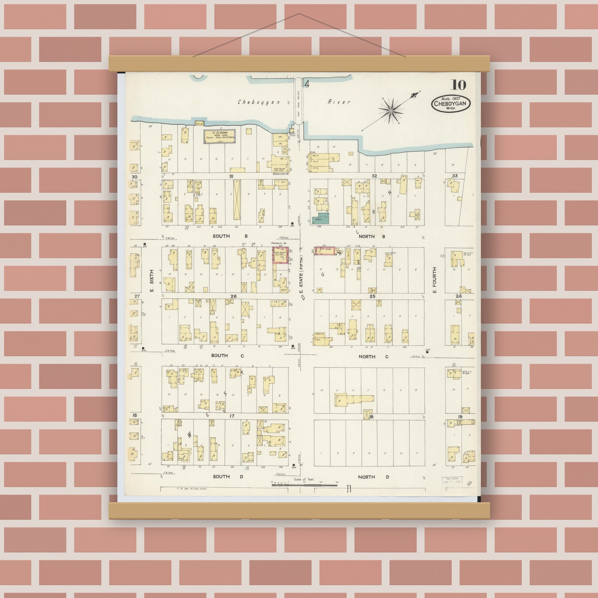 Old map wall art mockup — magnetic wood frame on brick wall — Sanborn Fire Insurance Map from Cheboygan, Cheboygan County, Michigan (1907), Sheet #0010