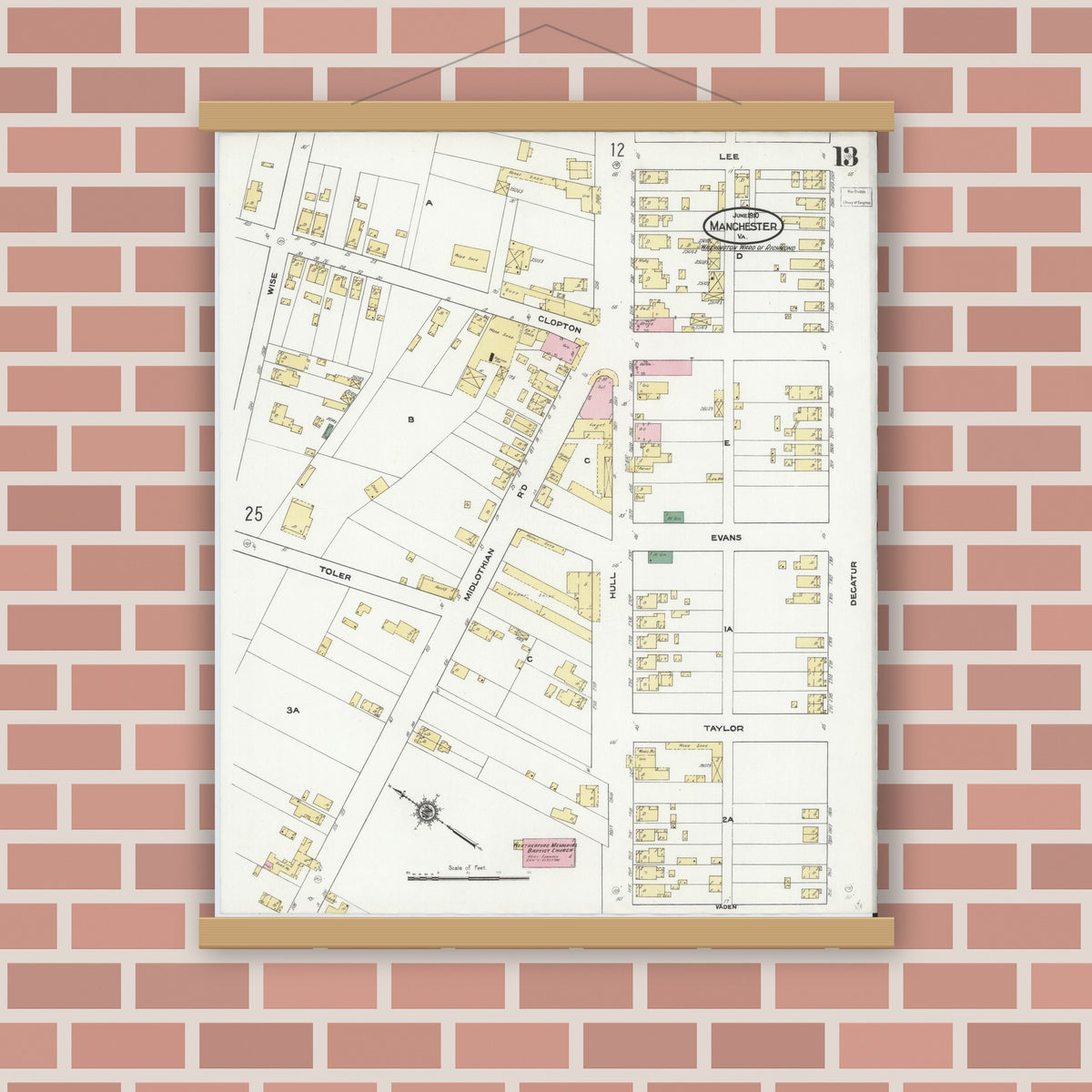 Old map wall art mockup — magnetic wood frame on brick wall — Sanborn Fire Insurance Map from Manchester, Chesterfield County, Virginia (1910), Sheet #0013