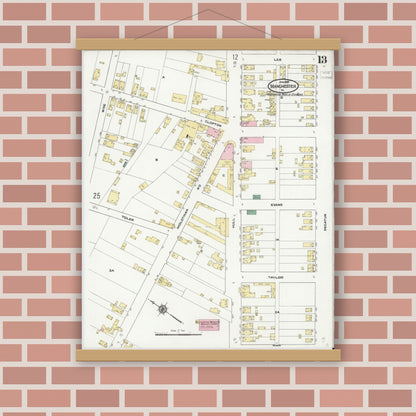 Old map wall art mockup — magnetic wood frame on brick wall — Sanborn Fire Insurance Map from Manchester, Chesterfield County, Virginia (1910), Sheet #0013