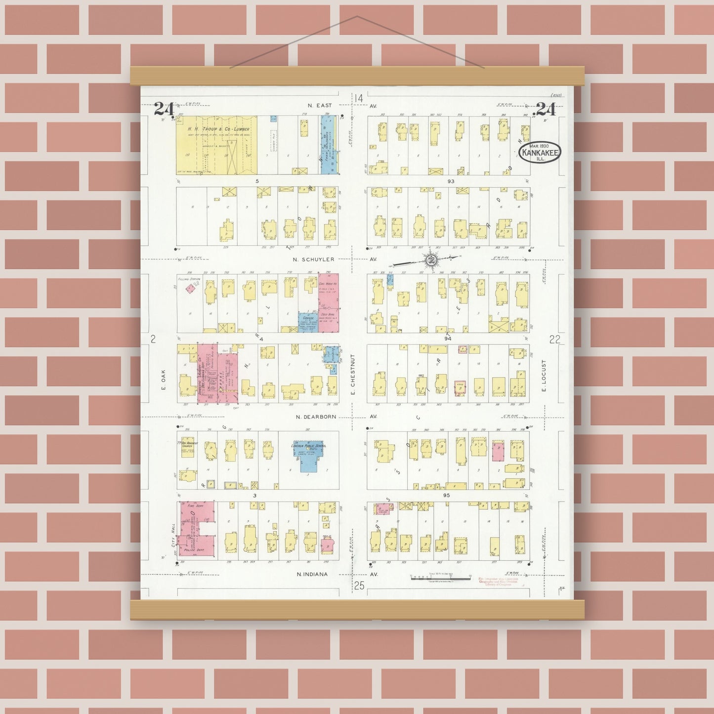 Old map wall art mockup — magnetic wood frame on brick wall — Sanborn Fire Insurance Map from Kankakee, Kankakee County, Illinois (1930), Sheet #0024