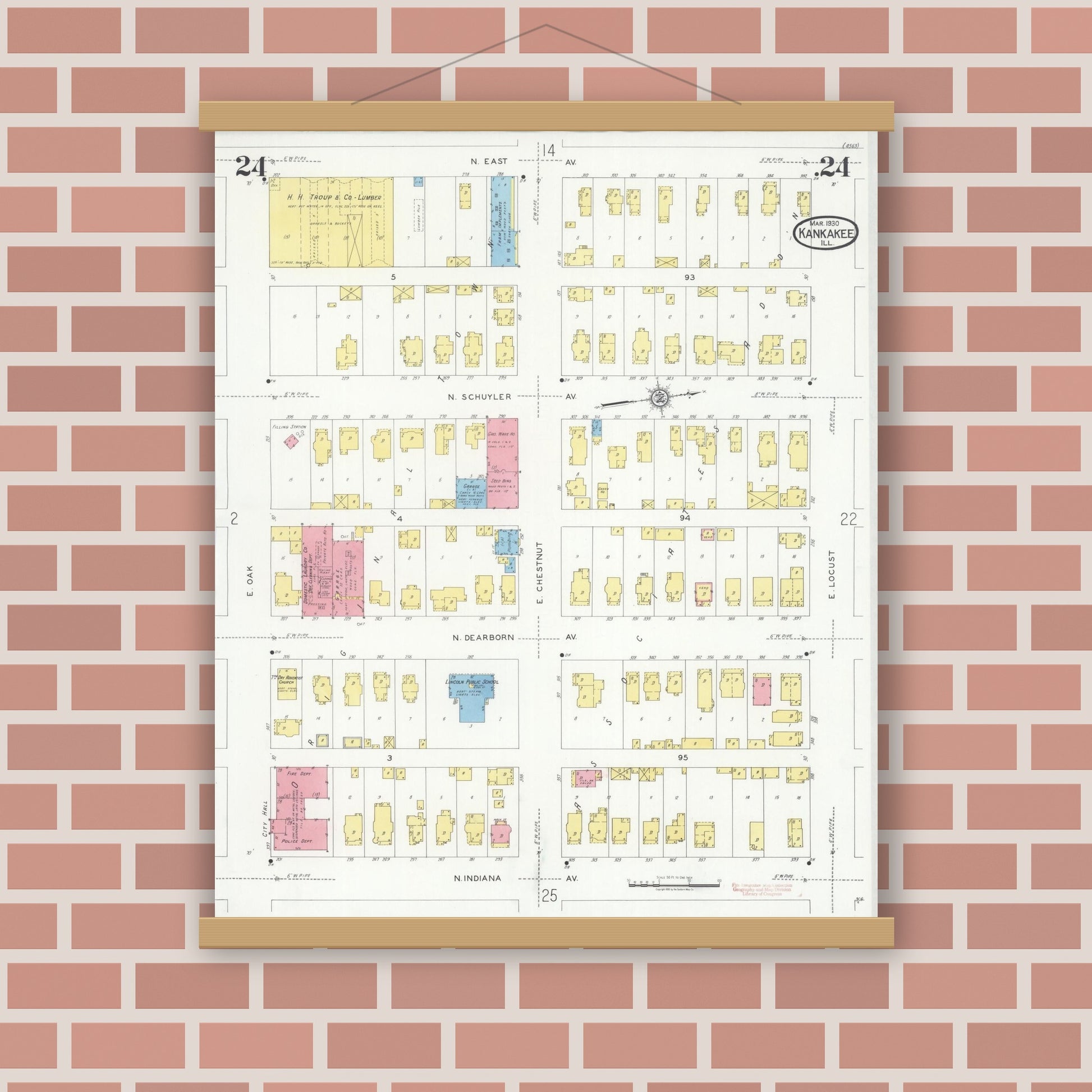 Old map wall art mockup — magnetic wood frame on brick wall — Sanborn Fire Insurance Map from Kankakee, Kankakee County, Illinois (1930), Sheet #0024