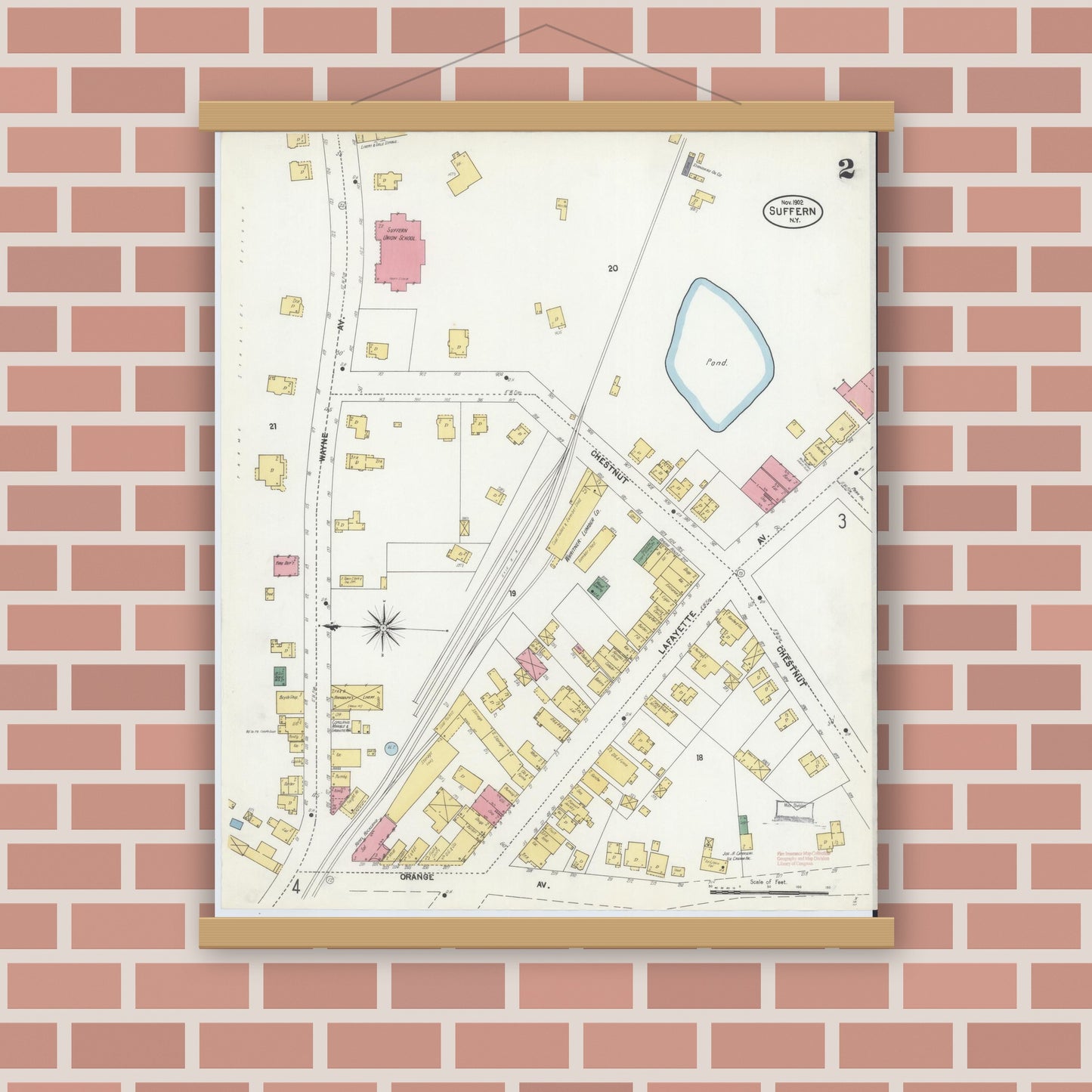 Old map wall art mockup — magnetic wood frame on brick wall — Sanborn Fire Insurance Map from Suffern, Rockland County, New York (1902), Sheet #0002