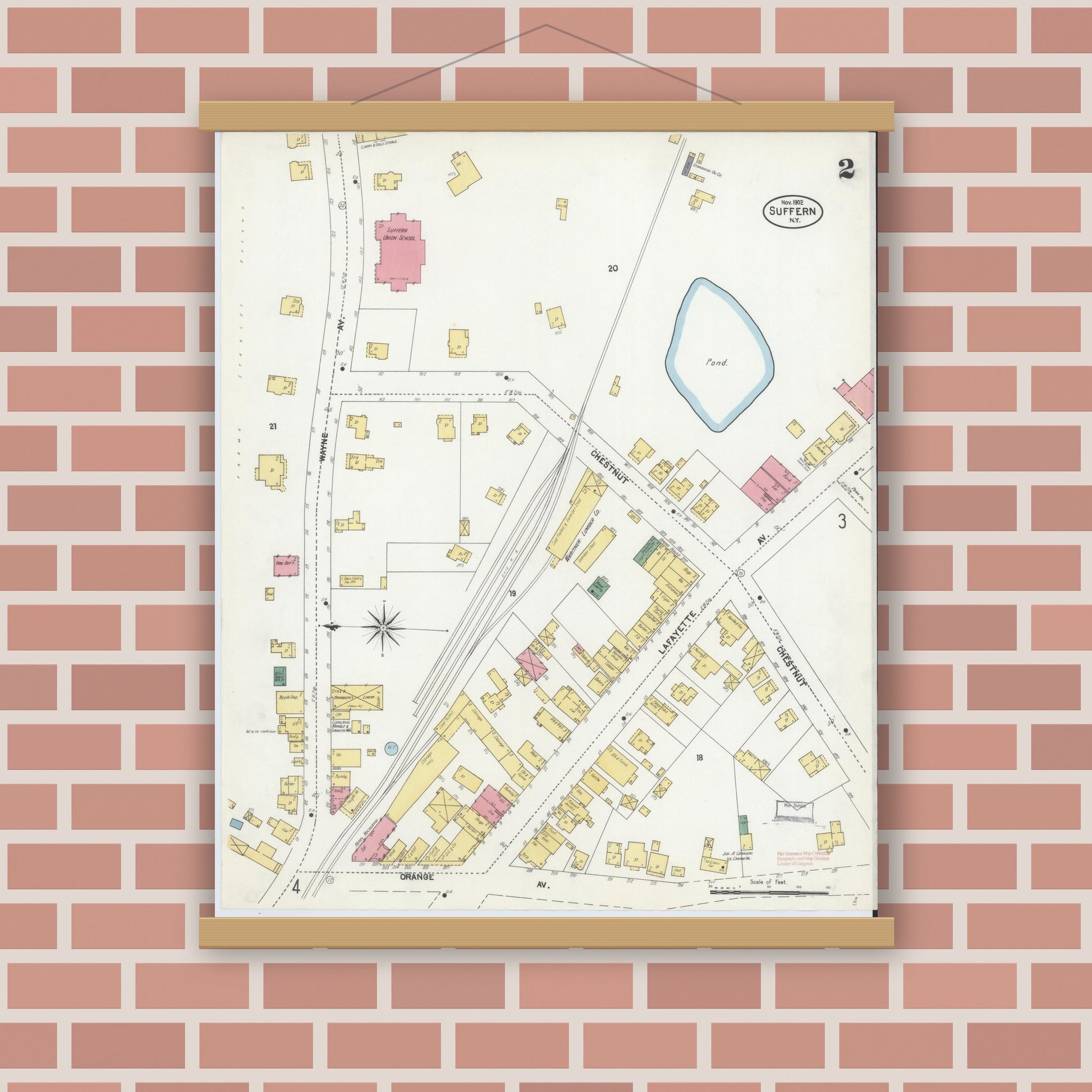 Old map wall art mockup — magnetic wood frame on brick wall — Sanborn Fire Insurance Map from Suffern, Rockland County, New York (1902), Sheet #0002