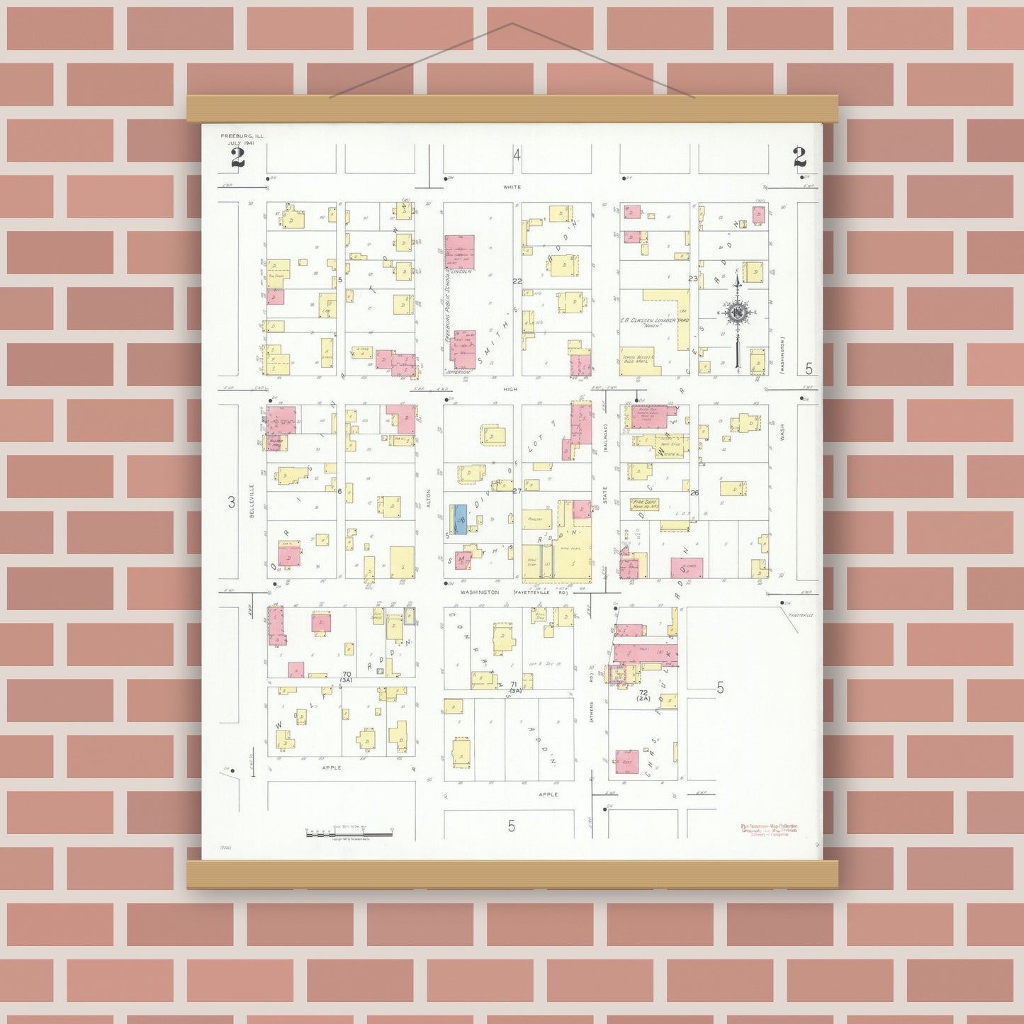Old map wall art mockup — magnetic wood frame on brick wall — Sanborn Fire Insurance Map from Freeburg, Saint Clair County, Illinois (1941), Sheet #0002
