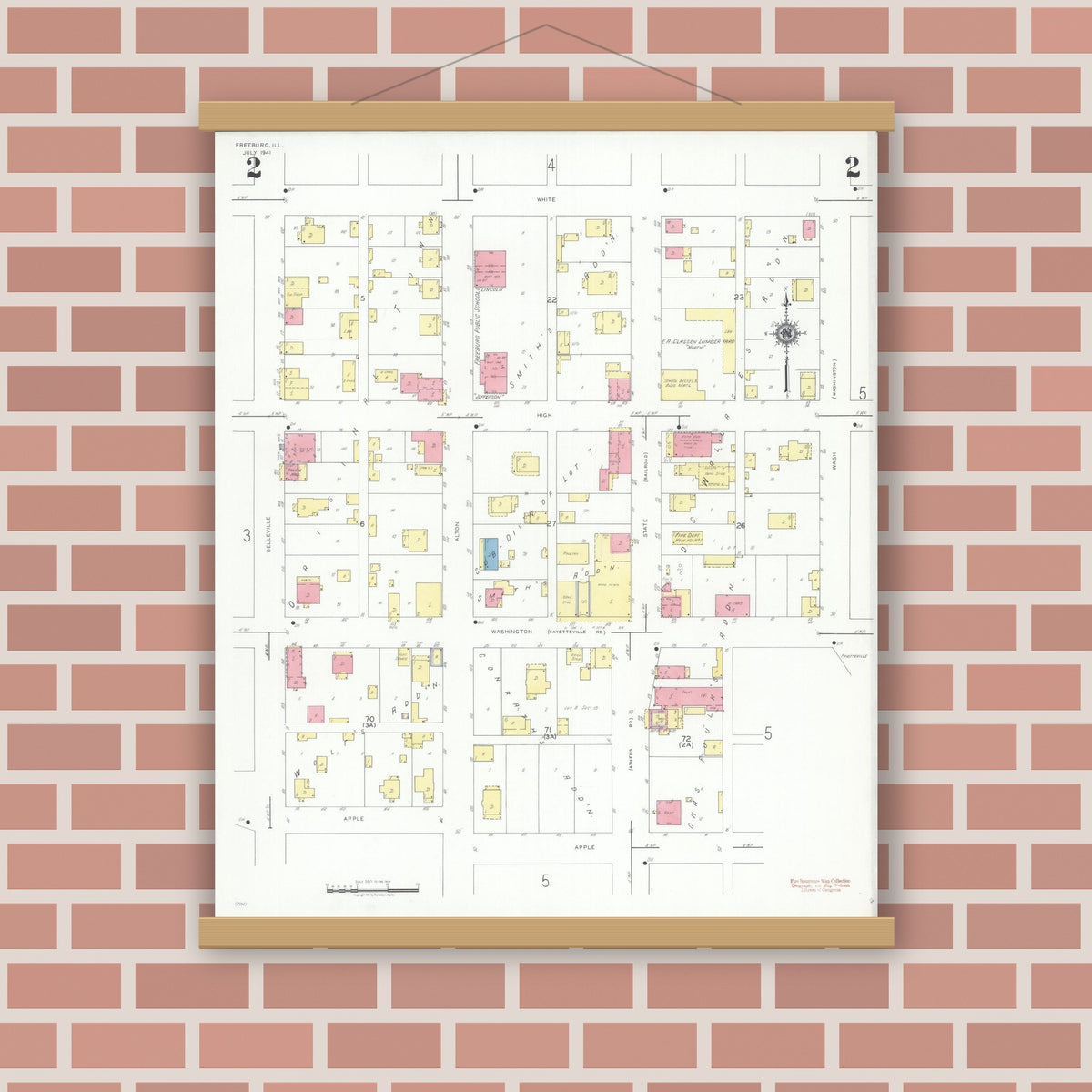Old map wall art mockup — magnetic wood frame on brick wall — Sanborn Fire Insurance Map from Freeburg, Saint Clair County, Illinois (1941), Sheet #0002