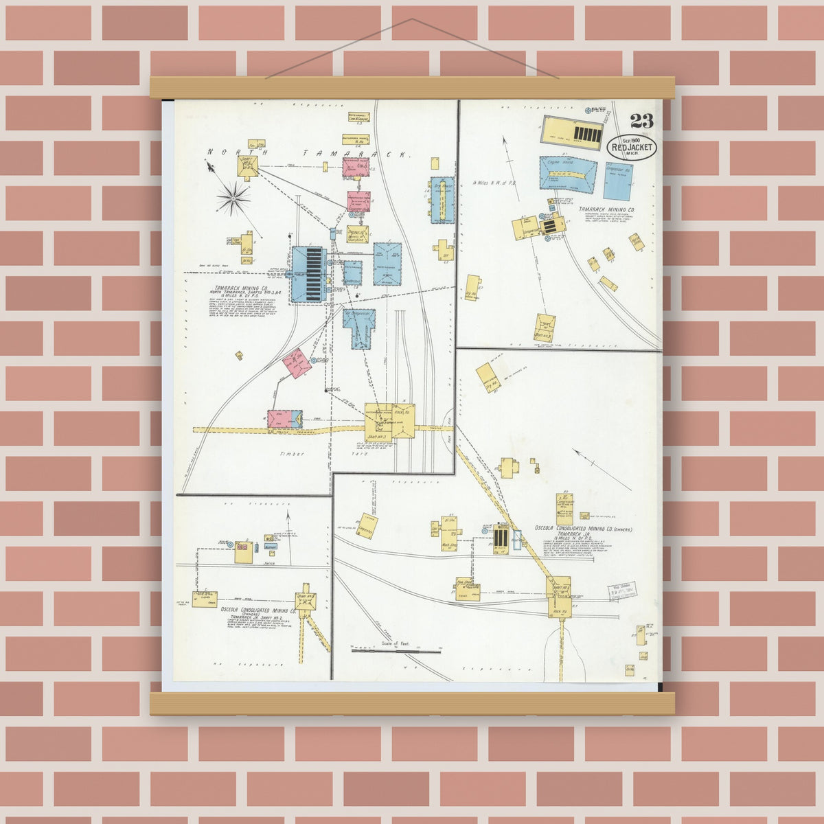 Old map wall art mockup — magnetic wood frame on brick wall — Sanborn Fire Insurance Map from Red Jacket, Houghton County, Michigan (1900), Sheet #0023
