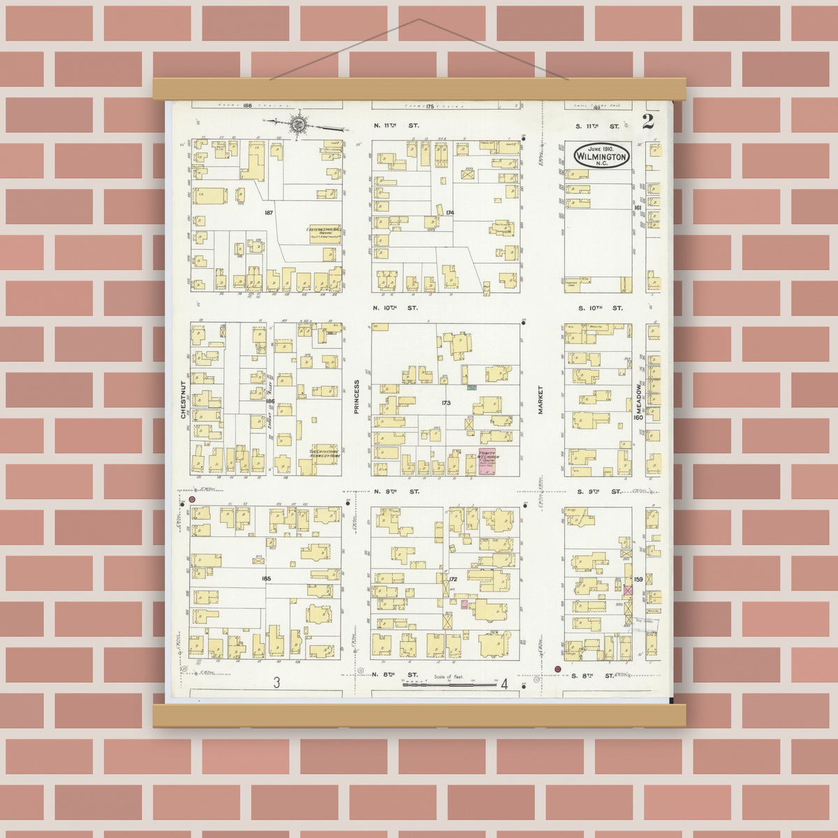 Old map wall art mockup — magnetic wood frame on brick wall — Sanborn Fire Insurance Map from Wilmington, New Hanover County, North Carolina (1910), Sheet #0002