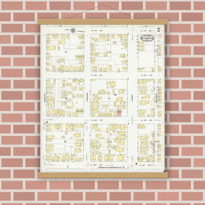 Old map wall art mockup — magnetic wood frame on brick wall — Sanborn Fire Insurance Map from Wilmington, New Hanover County, North Carolina (1910), Sheet #0002