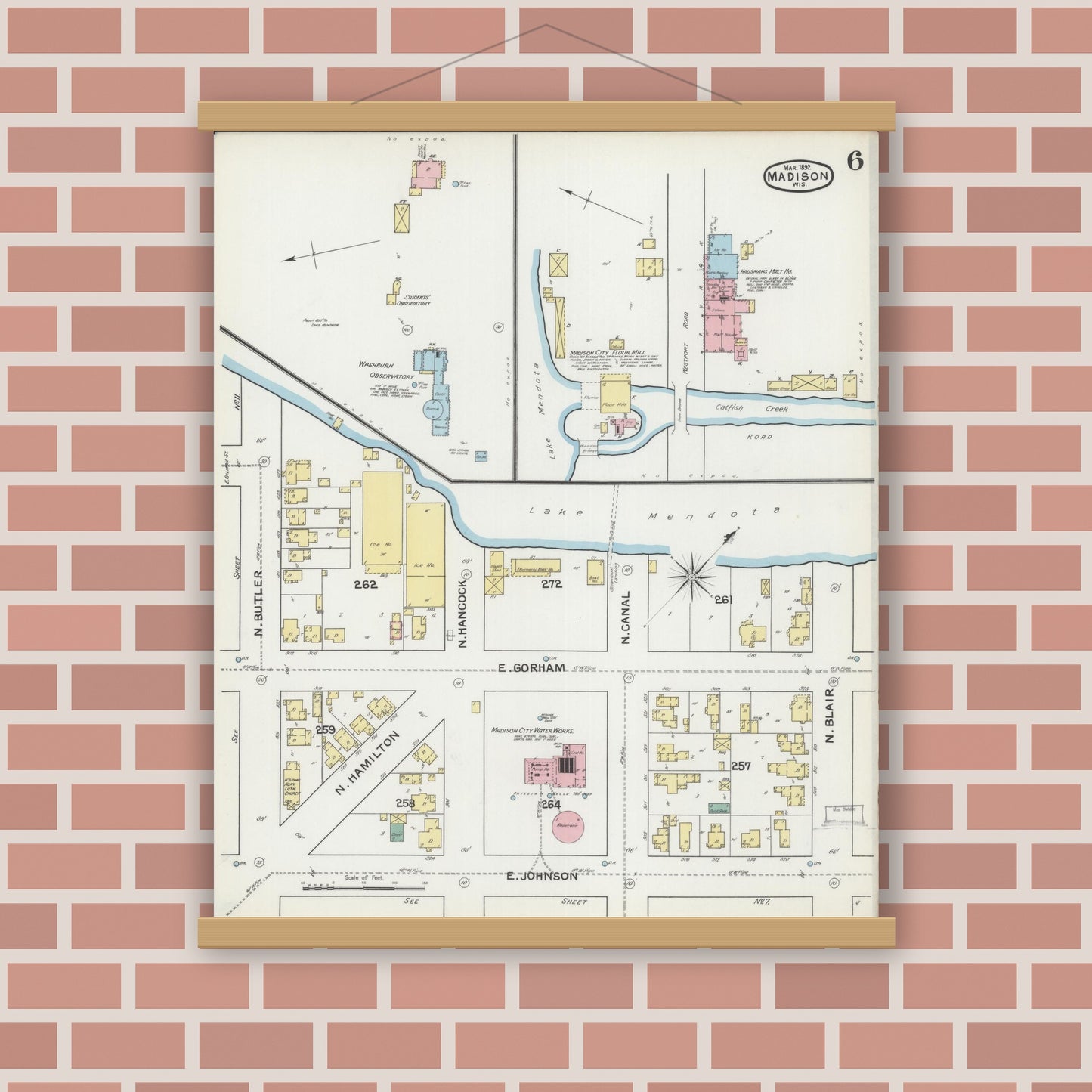 Old map wall art mockup — magnetic wood frame on brick wall — Sanborn Fire Insurance Map from Madison, Dane County, Wisconsin (1892), Sheet #0006