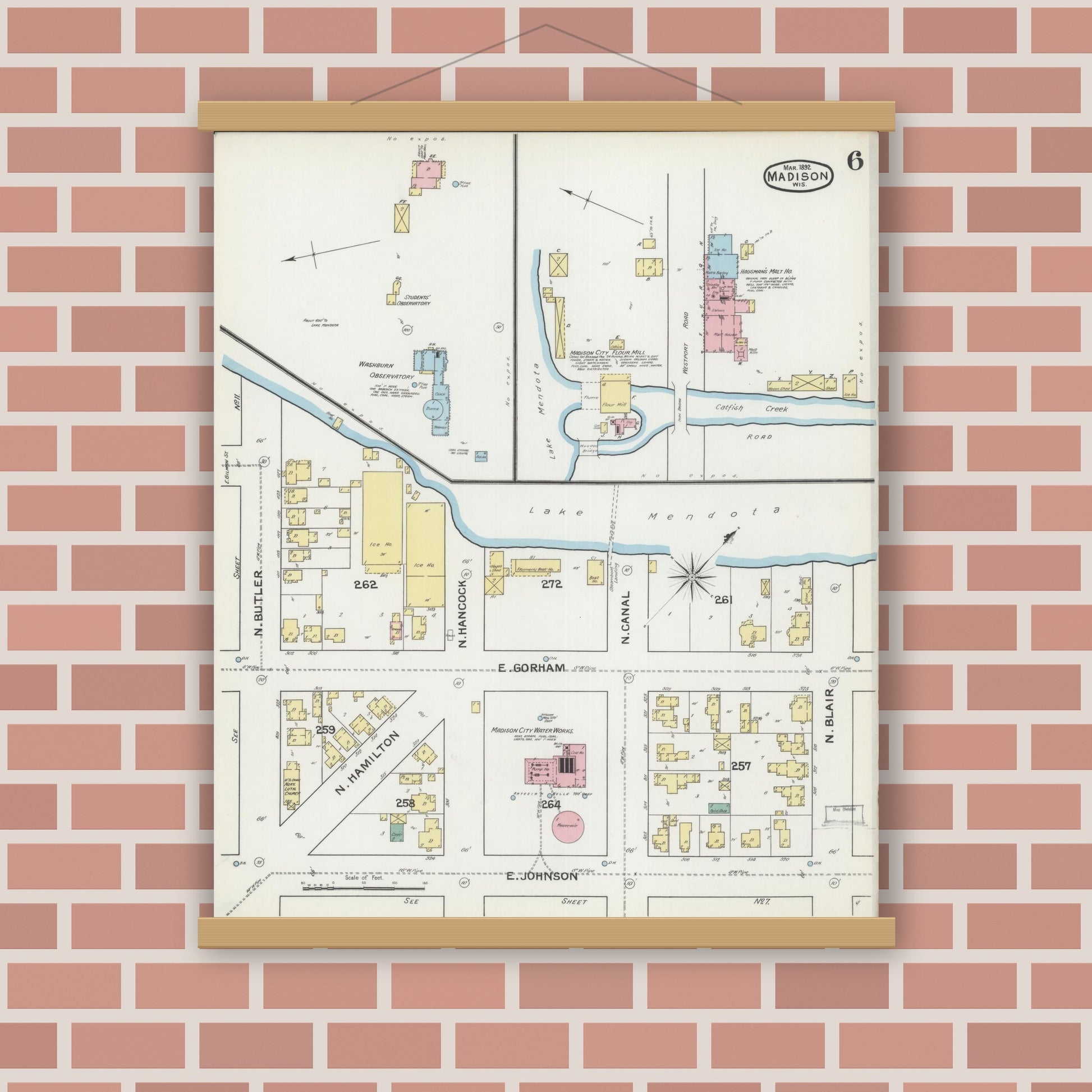 Old map wall art mockup — magnetic wood frame on brick wall — Sanborn Fire Insurance Map from Madison, Dane County, Wisconsin (1892), Sheet #0006
