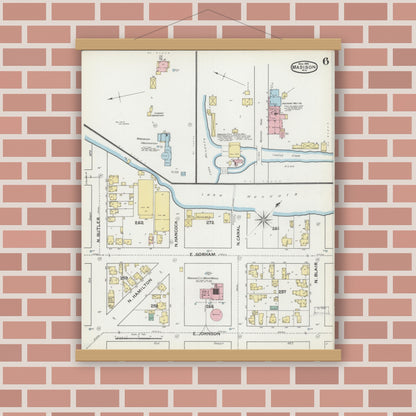 Old map wall art mockup — magnetic wood frame on brick wall — Sanborn Fire Insurance Map from Madison, Dane County, Wisconsin (1892), Sheet #0006