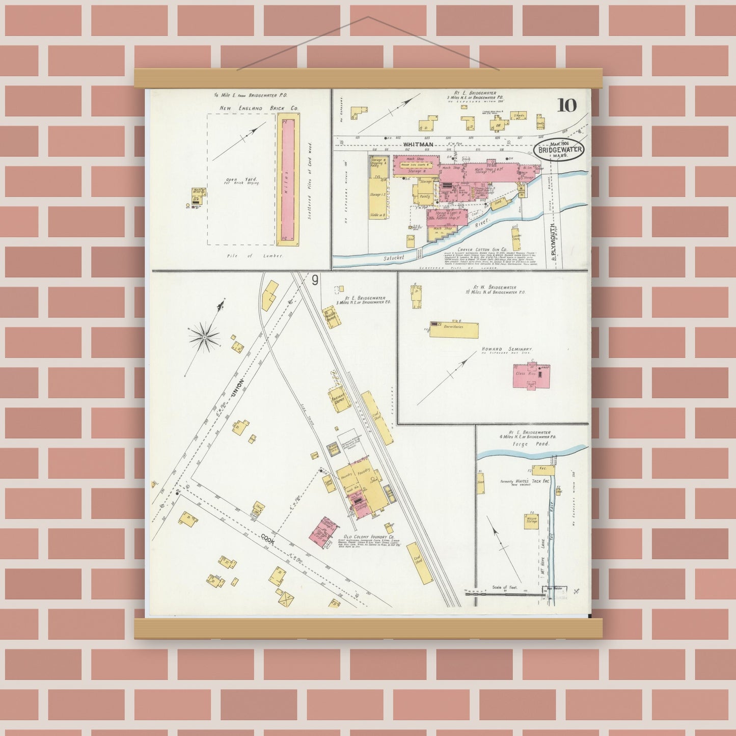 Old map wall art mockup — magnetic wood frame on brick wall — Sanborn Fire Insurance Map from Bridgewater, Plymouth County, Massachusetts (1906), Sheet #0010
