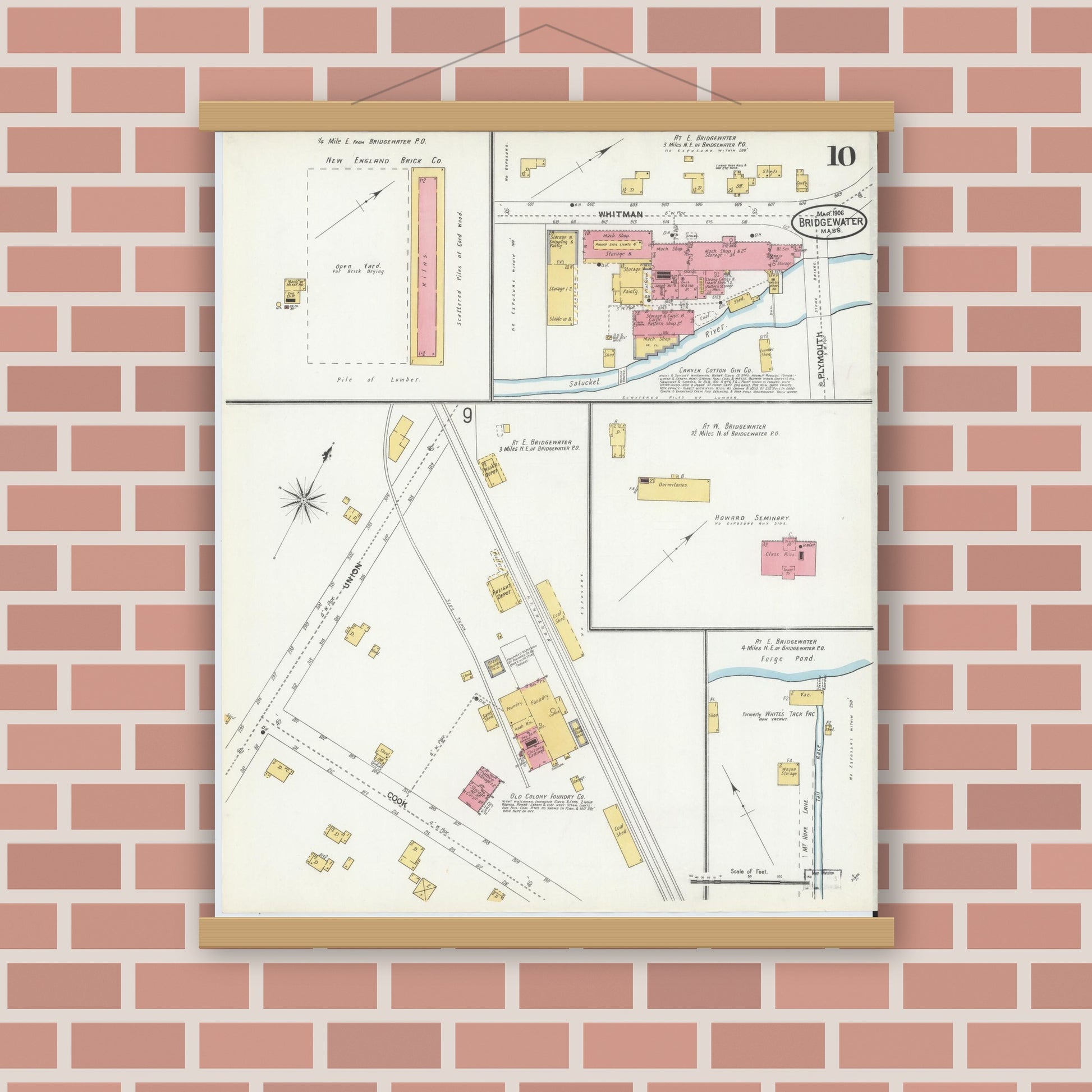 Old map wall art mockup — magnetic wood frame on brick wall — Sanborn Fire Insurance Map from Bridgewater, Plymouth County, Massachusetts (1906), Sheet #0010