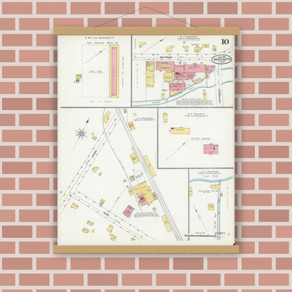 Old map wall art mockup — magnetic wood frame on brick wall — Sanborn Fire Insurance Map from Bridgewater, Plymouth County, Massachusetts (1906), Sheet #0010