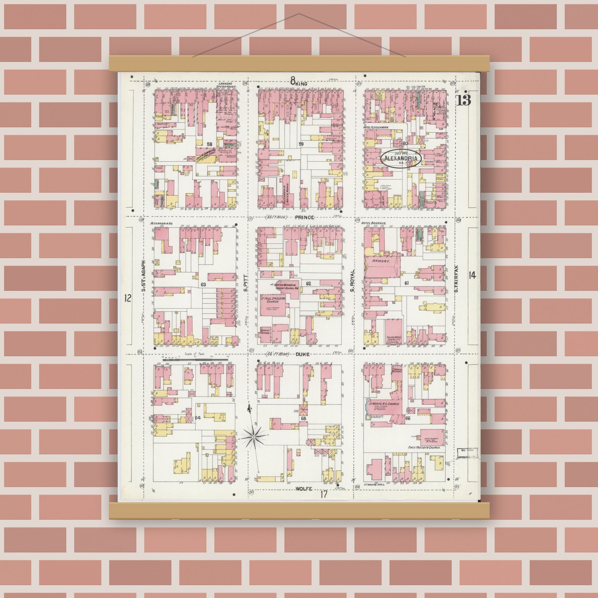 Old map wall art mockup — magnetic wood frame on brick wall — Sanborn Fire Insurance Map from Alexandria, Independent Cities, Virginia (1902), Sheet #0013