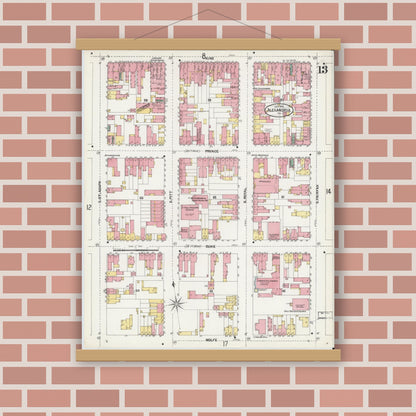 Old map wall art mockup — magnetic wood frame on brick wall — Sanborn Fire Insurance Map from Alexandria, Independent Cities, Virginia (1902), Sheet #0013