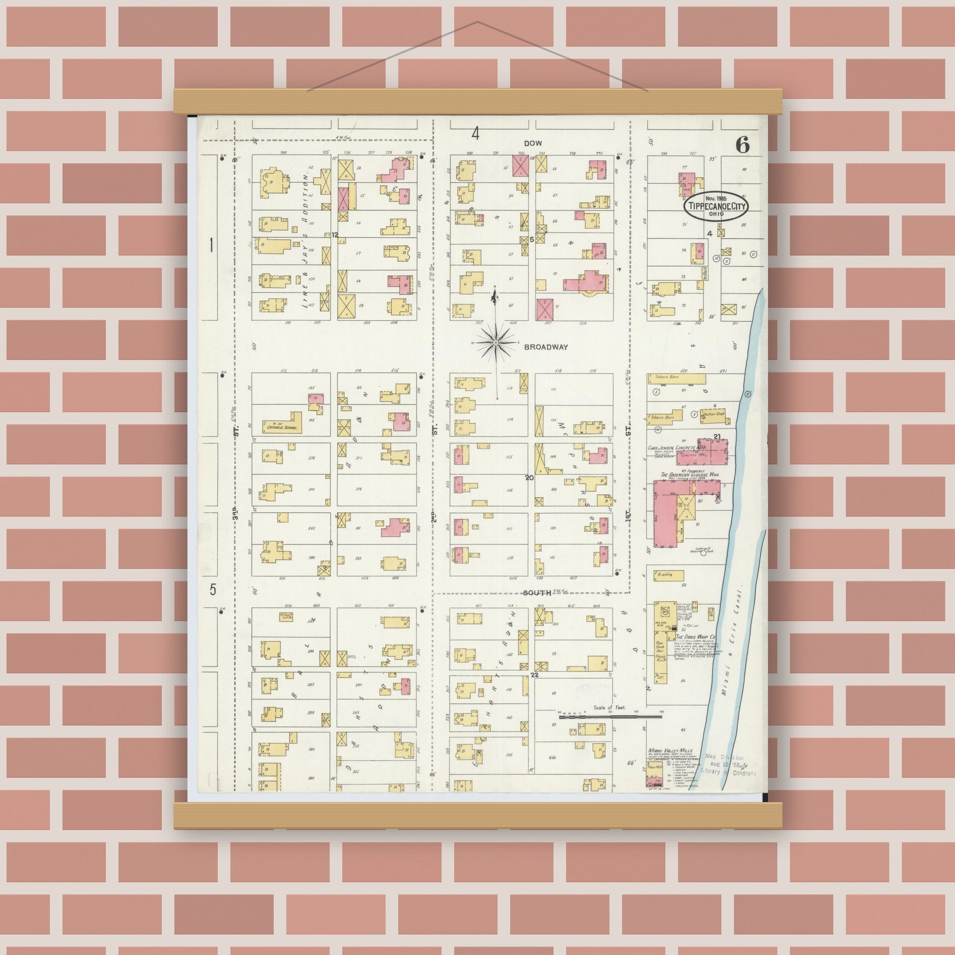 Old map wall art mockup — magnetic wood frame on brick wall — Sanborn Fire Insurance Map from Tipp City, Miami County, Ohio (1905), Sheet #0006
