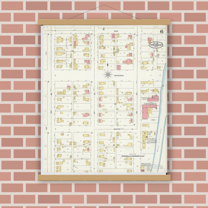Old map wall art mockup — magnetic wood frame on brick wall — Sanborn Fire Insurance Map from Tipp City, Miami County, Ohio (1905), Sheet #0006