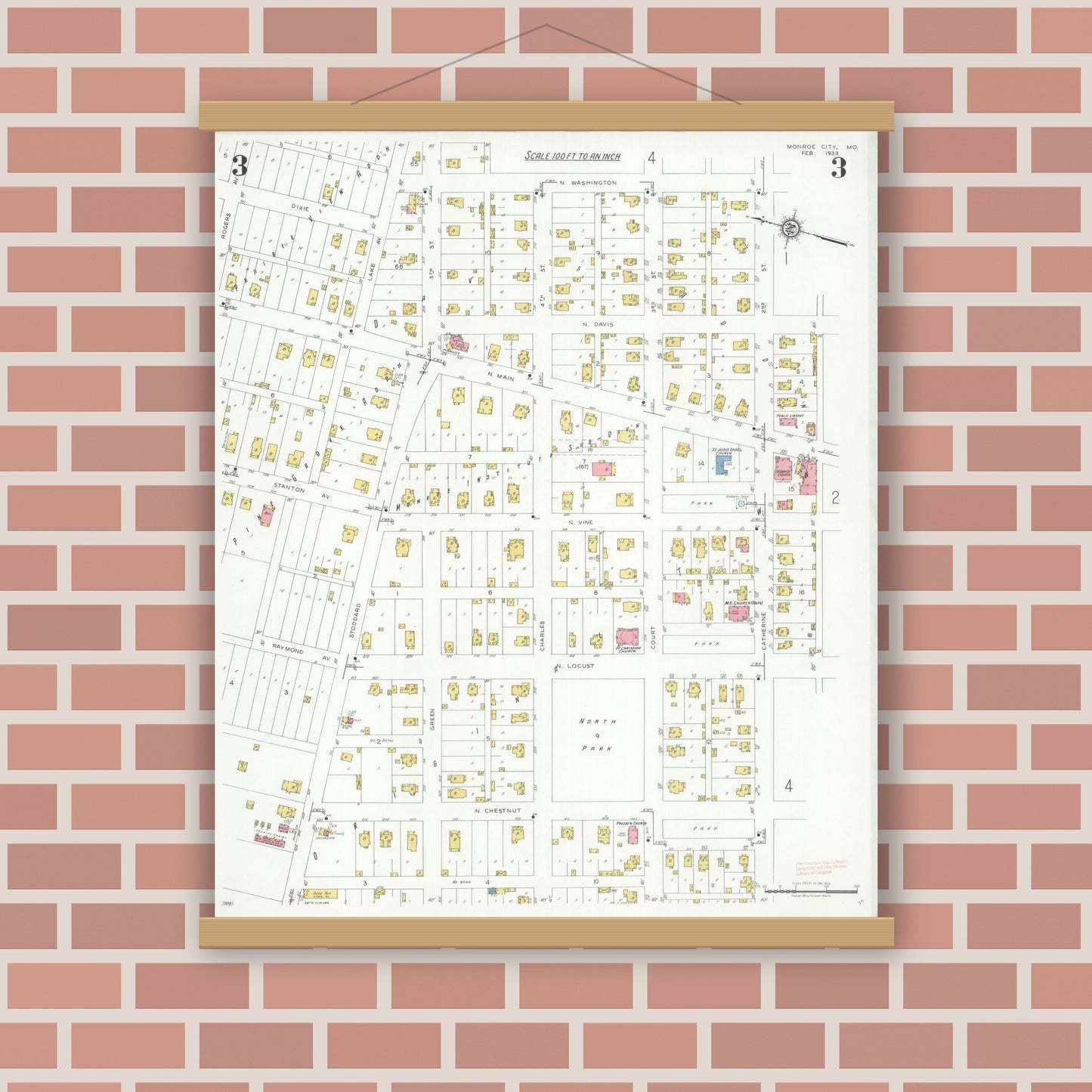 Old map wall art mockup — magnetic wood frame on brick wall — Sanborn Fire Insurance Map from Monroe City, Monroe County, Missouri (1933), Sheet #0003