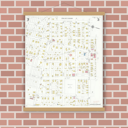 Old map wall art mockup — magnetic wood frame on brick wall — Sanborn Fire Insurance Map from Monroe City, Monroe County, Missouri (1933), Sheet #0003
