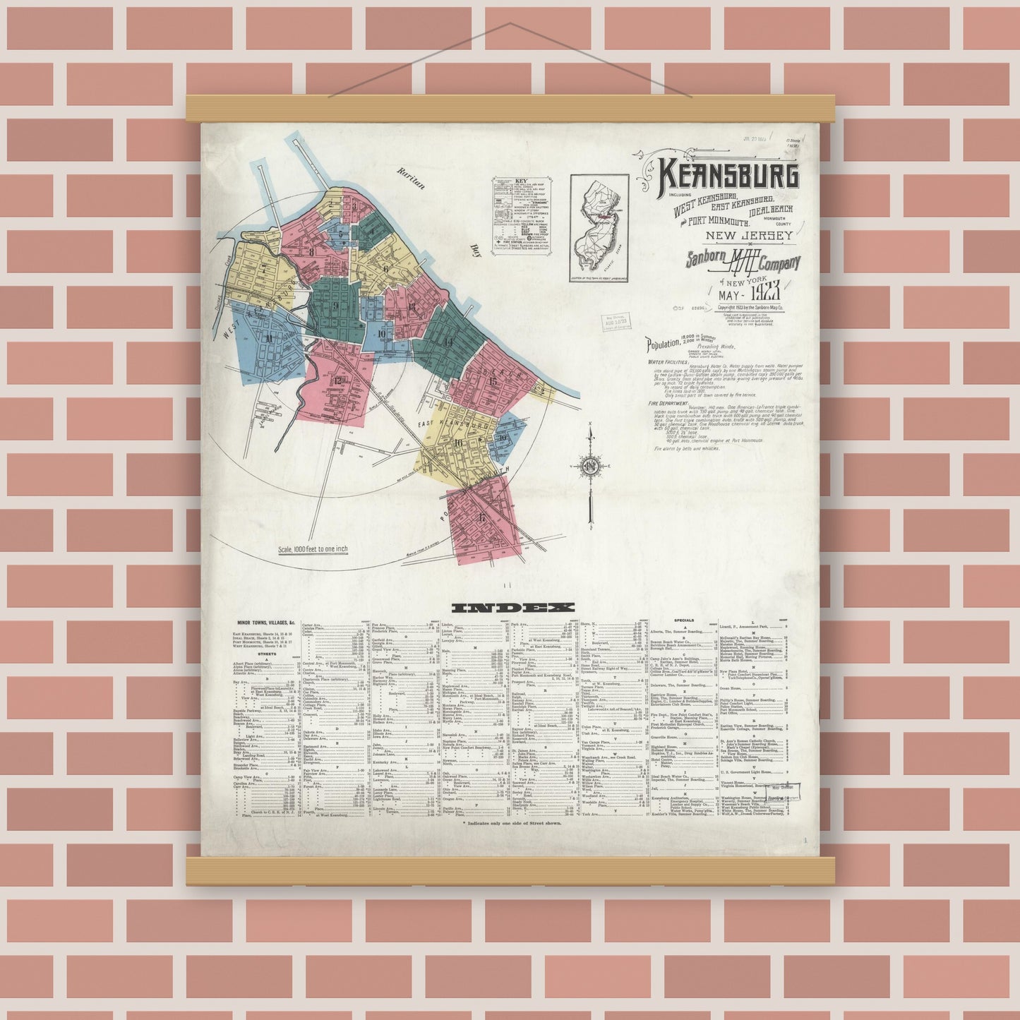 Old map wall art mockup — magnetic wood frame on brick wall — Sanborn Fire Insurance Map from Keansburg, Monmouth County, New Jersey (1923), Sheet #0001