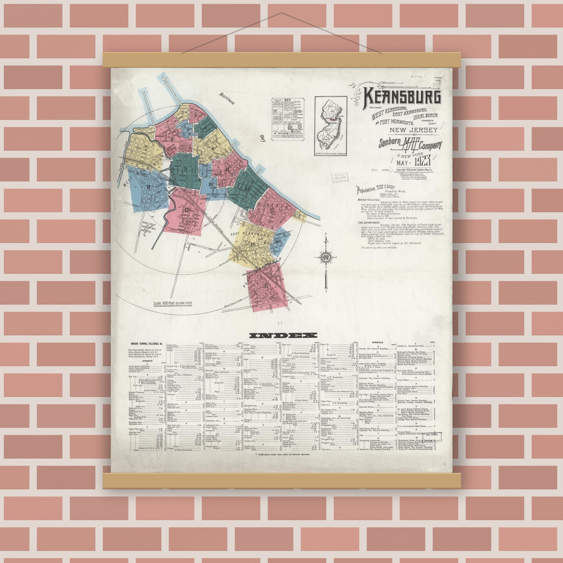 Old map wall art mockup — magnetic wood frame on brick wall — Sanborn Fire Insurance Map from Keansburg, Monmouth County, New Jersey (1923), Sheet #0001