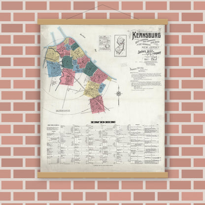 Old map wall art mockup — magnetic wood frame on brick wall — Sanborn Fire Insurance Map from Keansburg, Monmouth County, New Jersey (1923), Sheet #0001