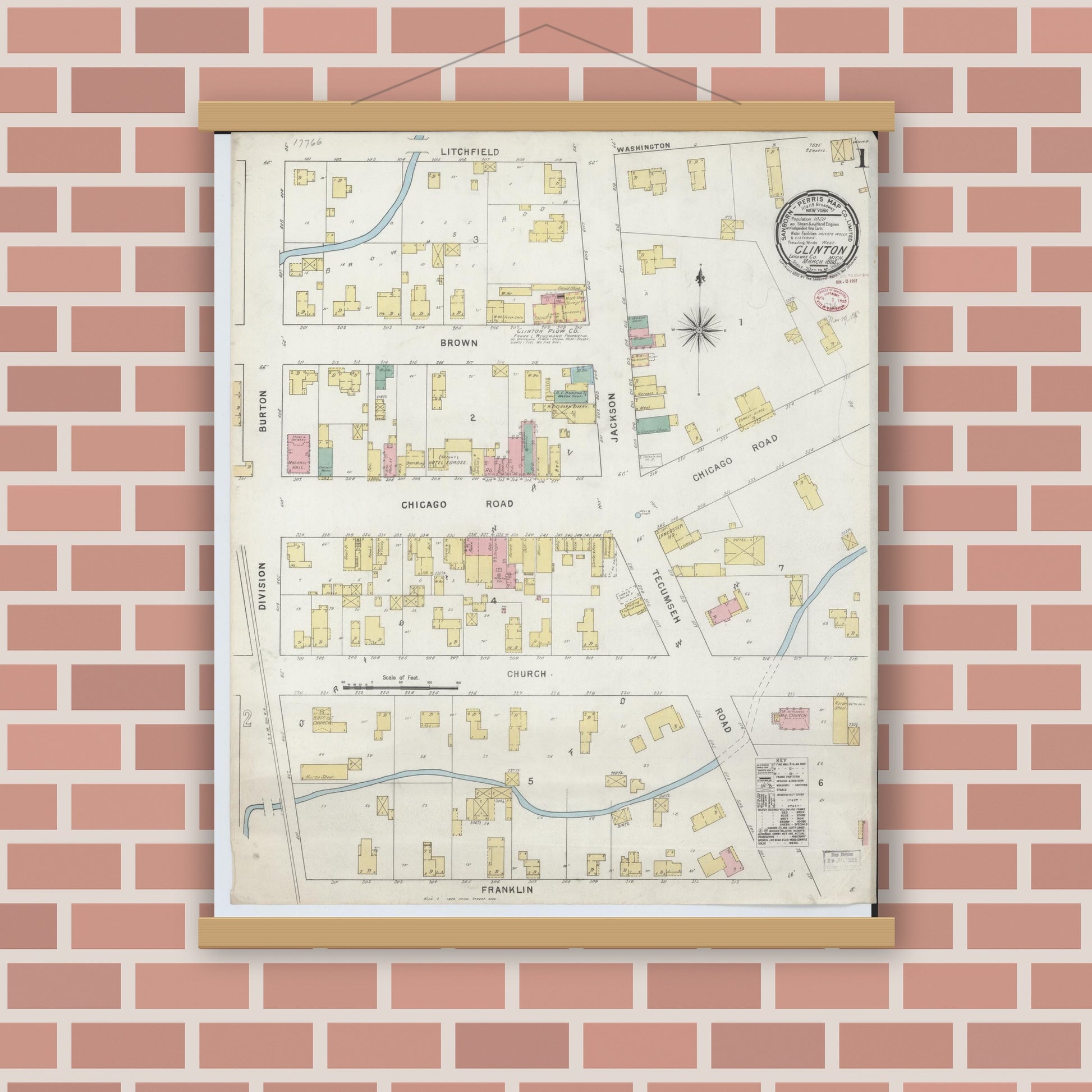 Old map wall art mockup — magnetic wood frame on brick wall — Sanborn Fire Insurance Map from Clinton, Lenawee County, Michigan (1895), Sheet #0001