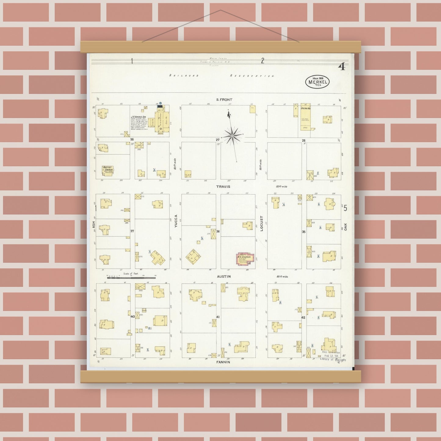 Old map wall art mockup — magnetic wood frame on brick wall — Sanborn Fire Insurance Map from Merkel, Taylor County, Texas (1908), Sheet #0004