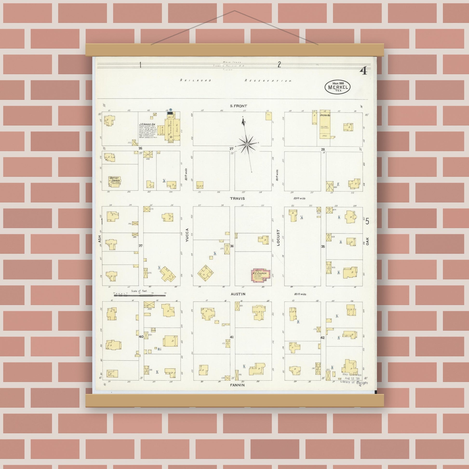 Old map wall art mockup — magnetic wood frame on brick wall — Sanborn Fire Insurance Map from Merkel, Taylor County, Texas (1908), Sheet #0004