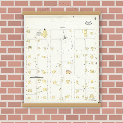 Old map wall art mockup — magnetic wood frame on brick wall — Sanborn Fire Insurance Map from Merkel, Taylor County, Texas (1908), Sheet #0004