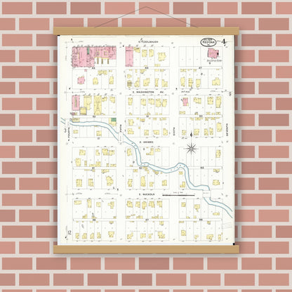 Old map wall art mockup — magnetic wood frame on brick wall — Sanborn Fire Insurance Map from Red Oak, Montgomery County, Iowa (1908), Sheet #0004