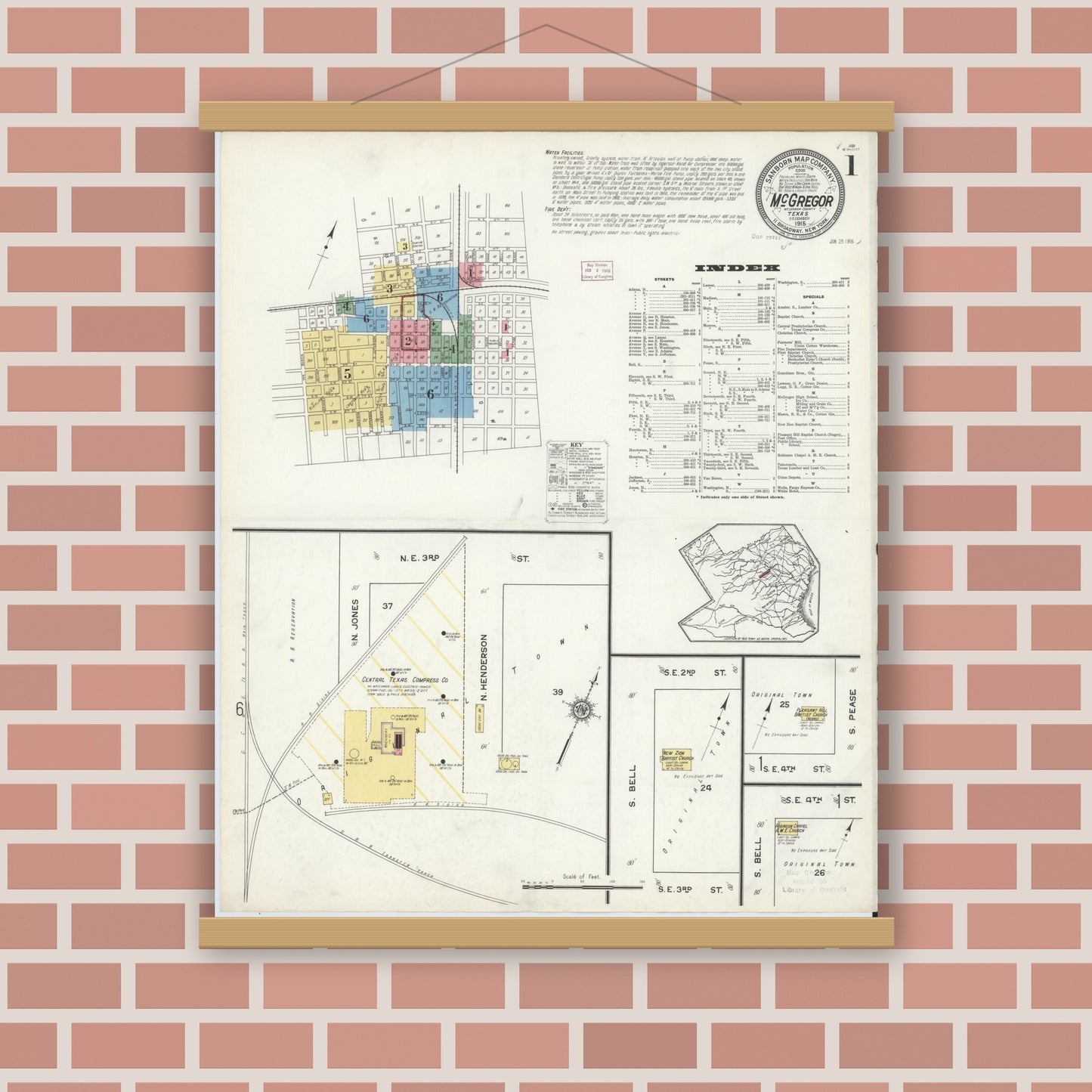 Old map wall art mockup — magnetic wood frame on brick wall — Sanborn Fire Insurance Map from McGregor, McLennan County, Texas (1915) - Complete Map Set