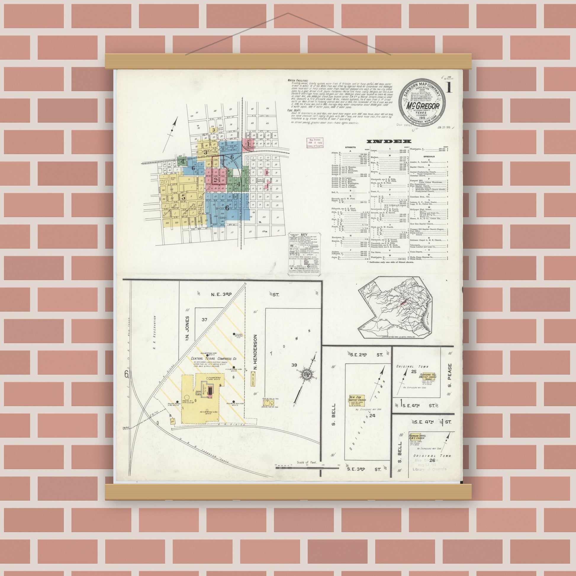 Old map wall art mockup — magnetic wood frame on brick wall — Sanborn Fire Insurance Map from McGregor, McLennan County, Texas (1915) - Complete Map Set