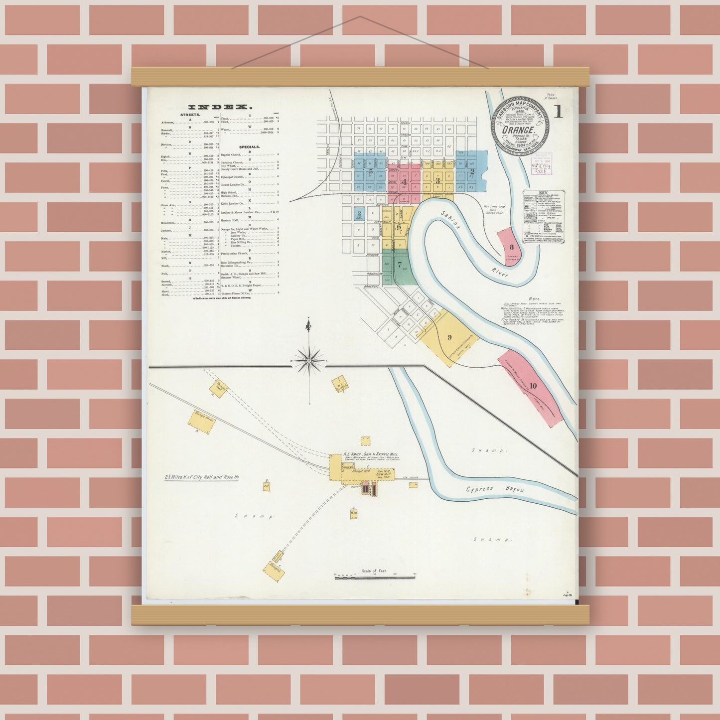 Old map wall art mockup — magnetic wood frame on brick wall — Sanborn Fire Insurance Map from Orange, Orange County, Texas (1904), Sheet #0001