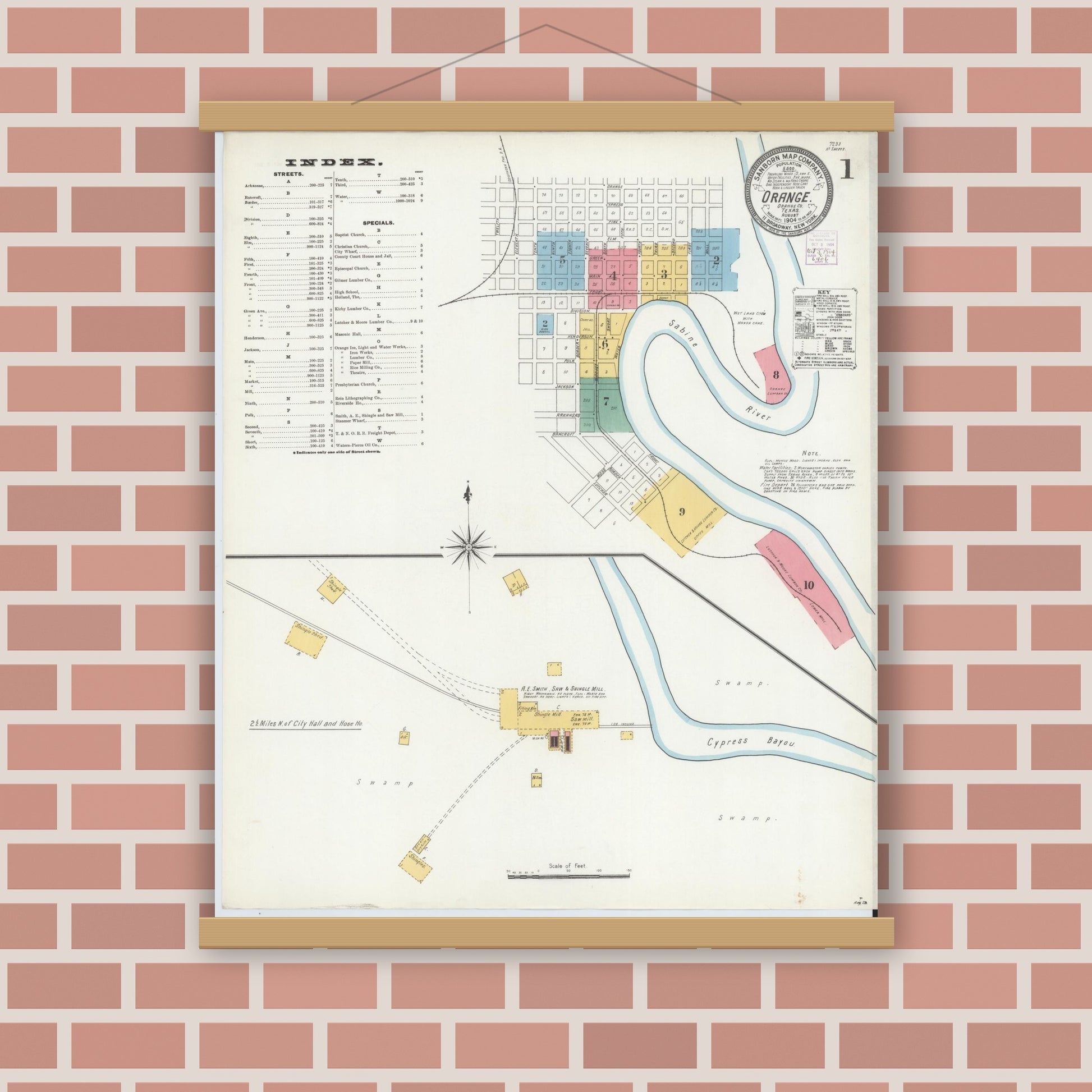 Old map wall art mockup — magnetic wood frame on brick wall — Sanborn Fire Insurance Map from Orange, Orange County, Texas (1904), Sheet #0001