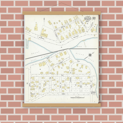 Old map wall art mockup — magnetic wood frame on brick wall — Sanborn Fire Insurance Map from Wareham, Plymouth County, Massachusetts (1912), Sheet #0012