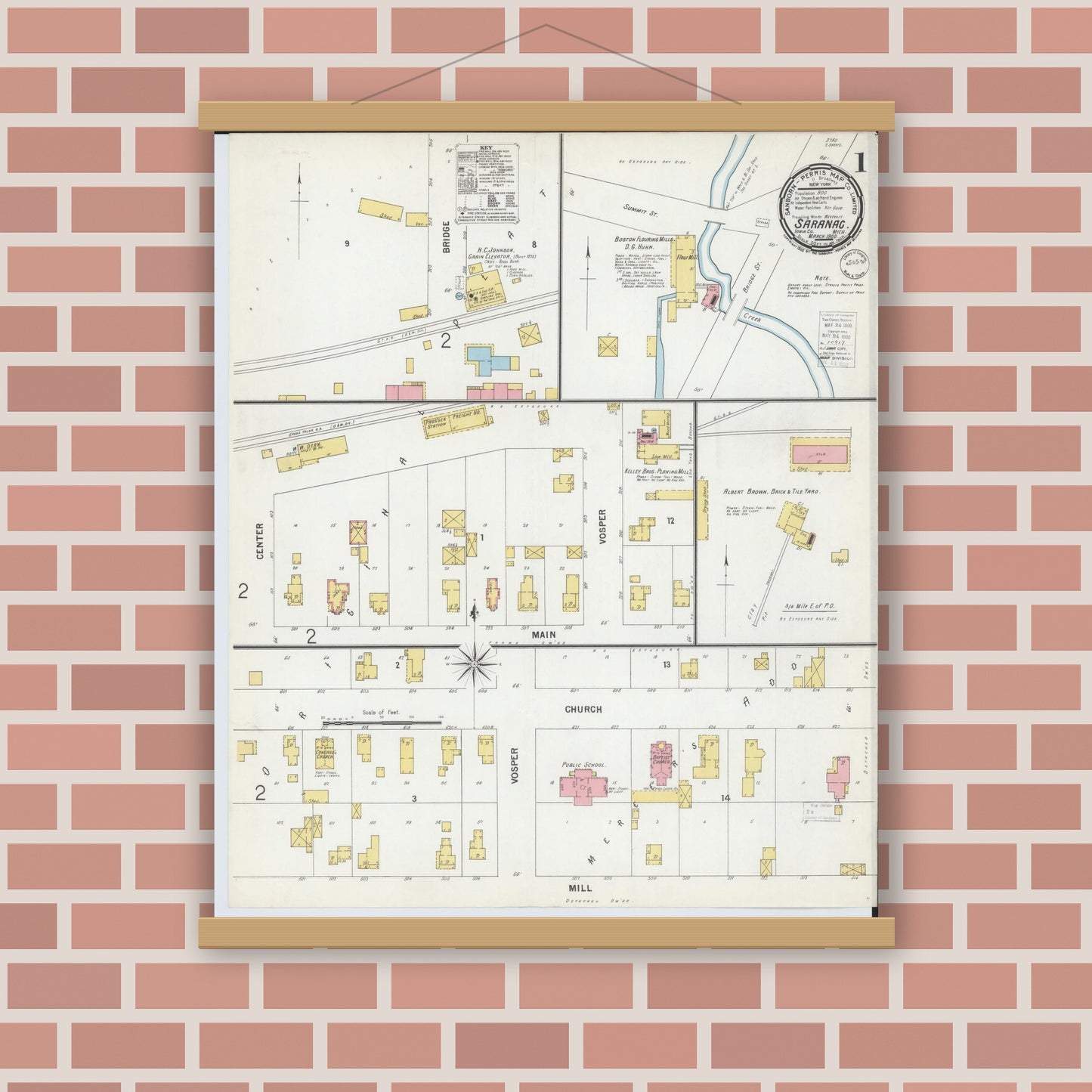 Old map wall art mockup — magnetic wood frame on brick wall — Sanborn Fire Insurance Map from Saranac, Ionia County, Michigan (1900), Sheet #0001