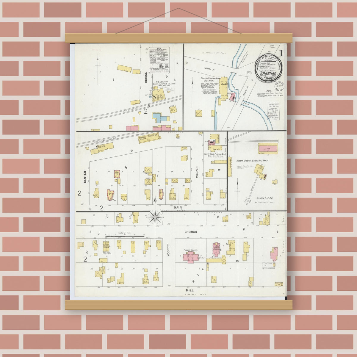 Old map wall art mockup — magnetic wood frame on brick wall — Sanborn Fire Insurance Map from Saranac, Ionia County, Michigan (1900), Sheet #0001