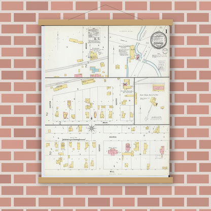 Old map wall art mockup — magnetic wood frame on brick wall — Sanborn Fire Insurance Map from Saranac, Ionia County, Michigan (1900), Sheet #0001