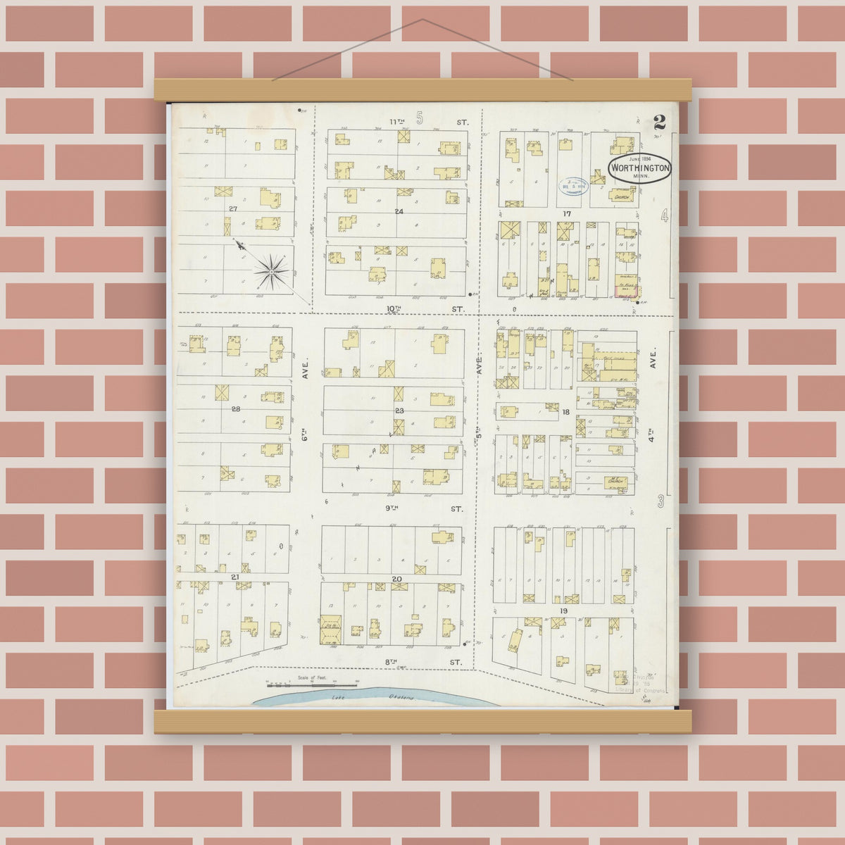 Old map wall art mockup — magnetic wood frame on brick wall — Sanborn Fire Insurance Map from Worthington, Nobles County, Minnesota (1894), Sheet #0002