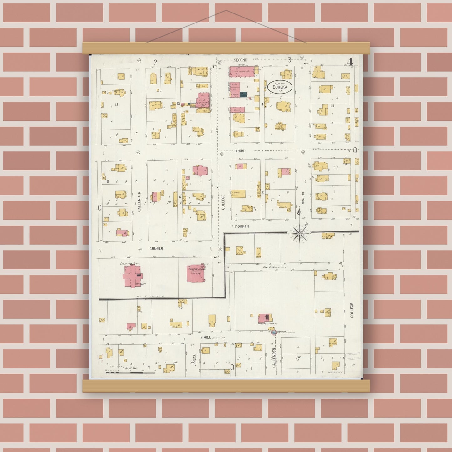 Old map wall art mockup — magnetic wood frame on brick wall — Sanborn Fire Insurance Map from Eureka, Woodford County, Illinois (1906), Sheet #0004