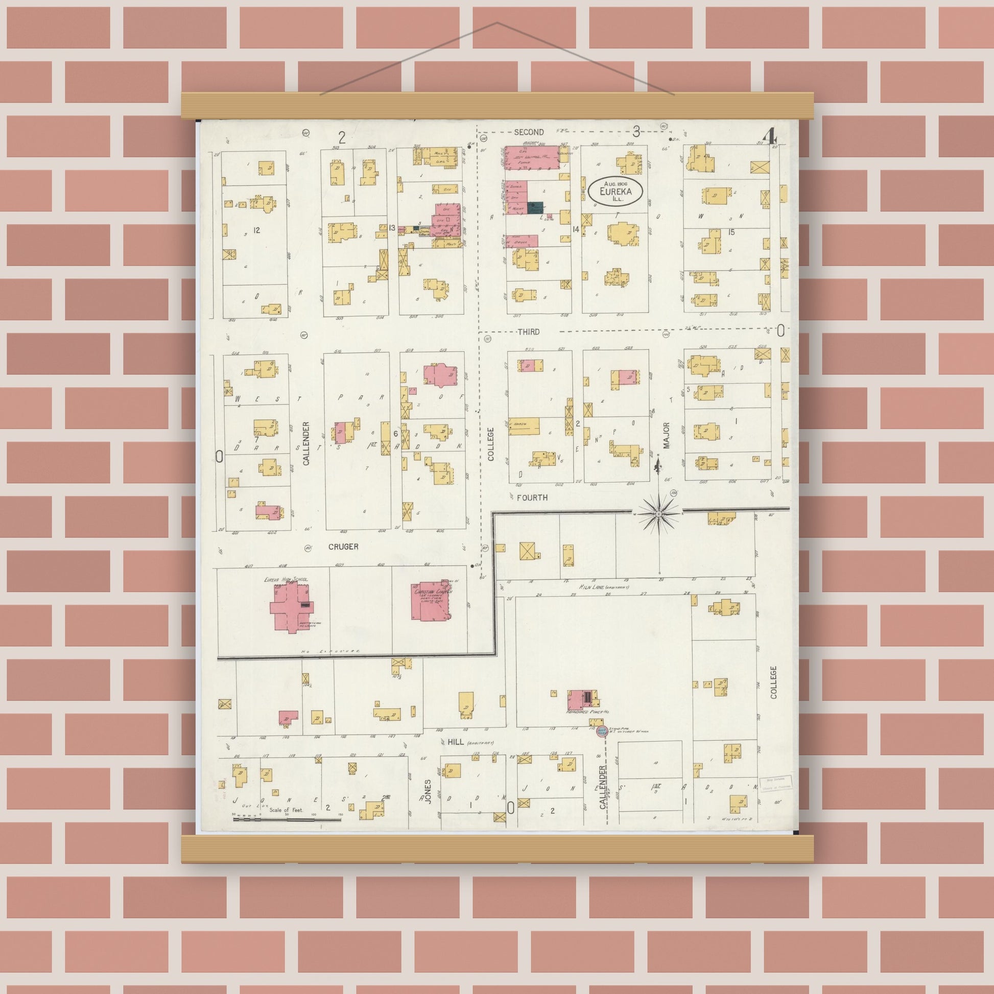 Old map wall art mockup — magnetic wood frame on brick wall — Sanborn Fire Insurance Map from Eureka, Woodford County, Illinois (1906), Sheet #0004